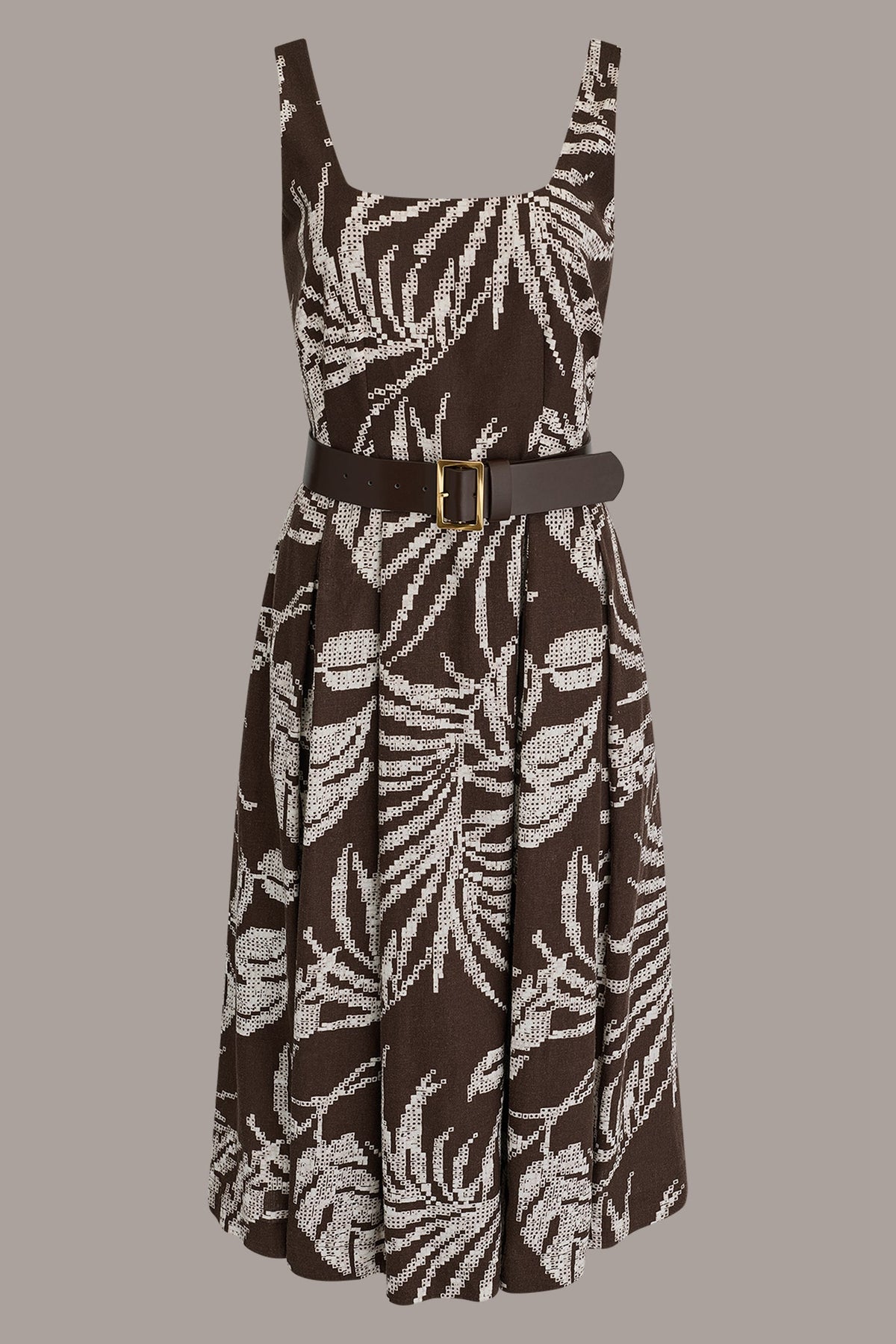 Donna Karan SLEEVELESS SQUARE NECK PRINTED BELTED MIDI FIT AND FLARE DRESS