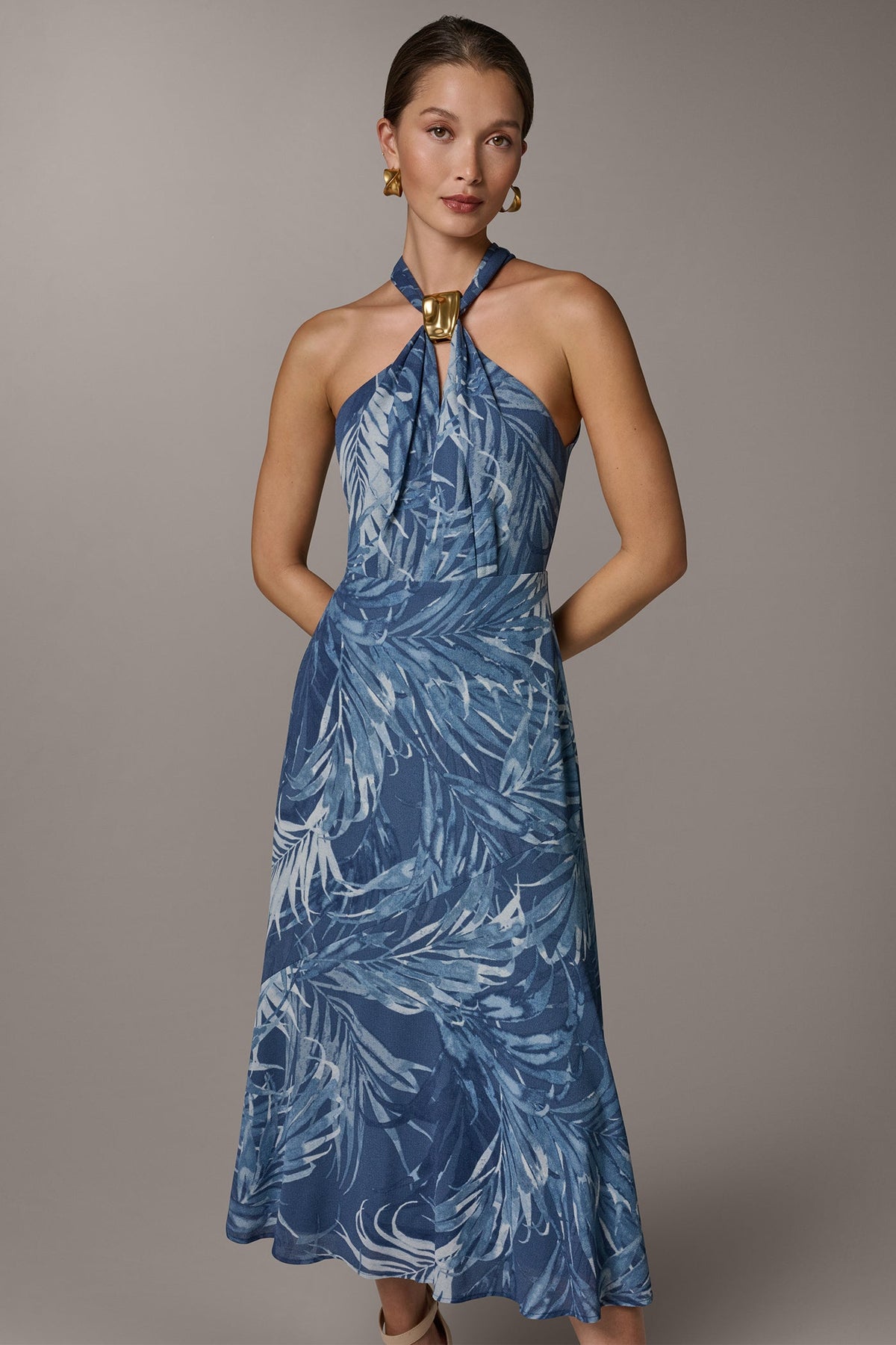 Donna Karan SLEEVELESS PRINT MIDI HALTER DRESS
