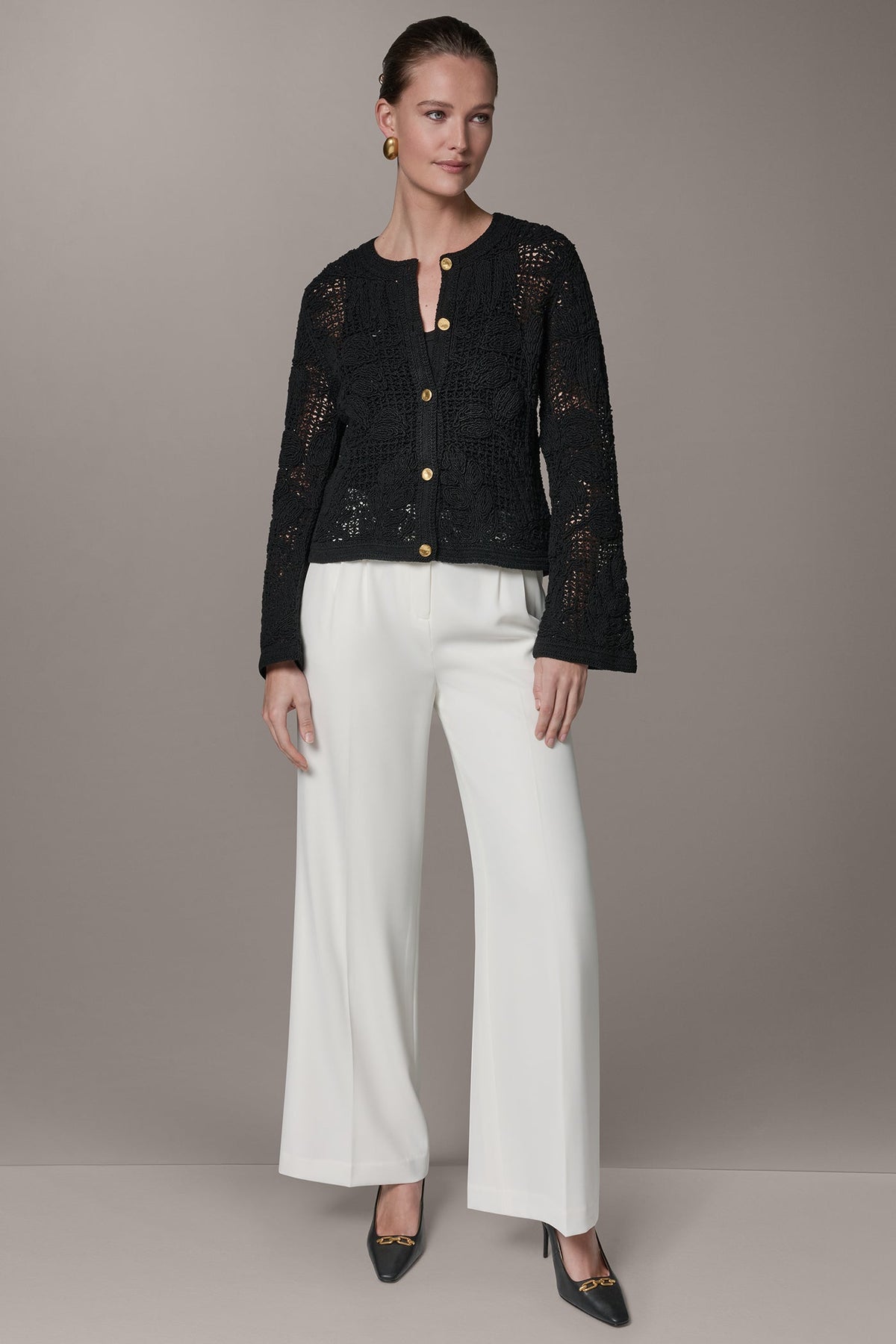 Donna Karan BELL SLEEVE FLORAL CROCHET JACKET