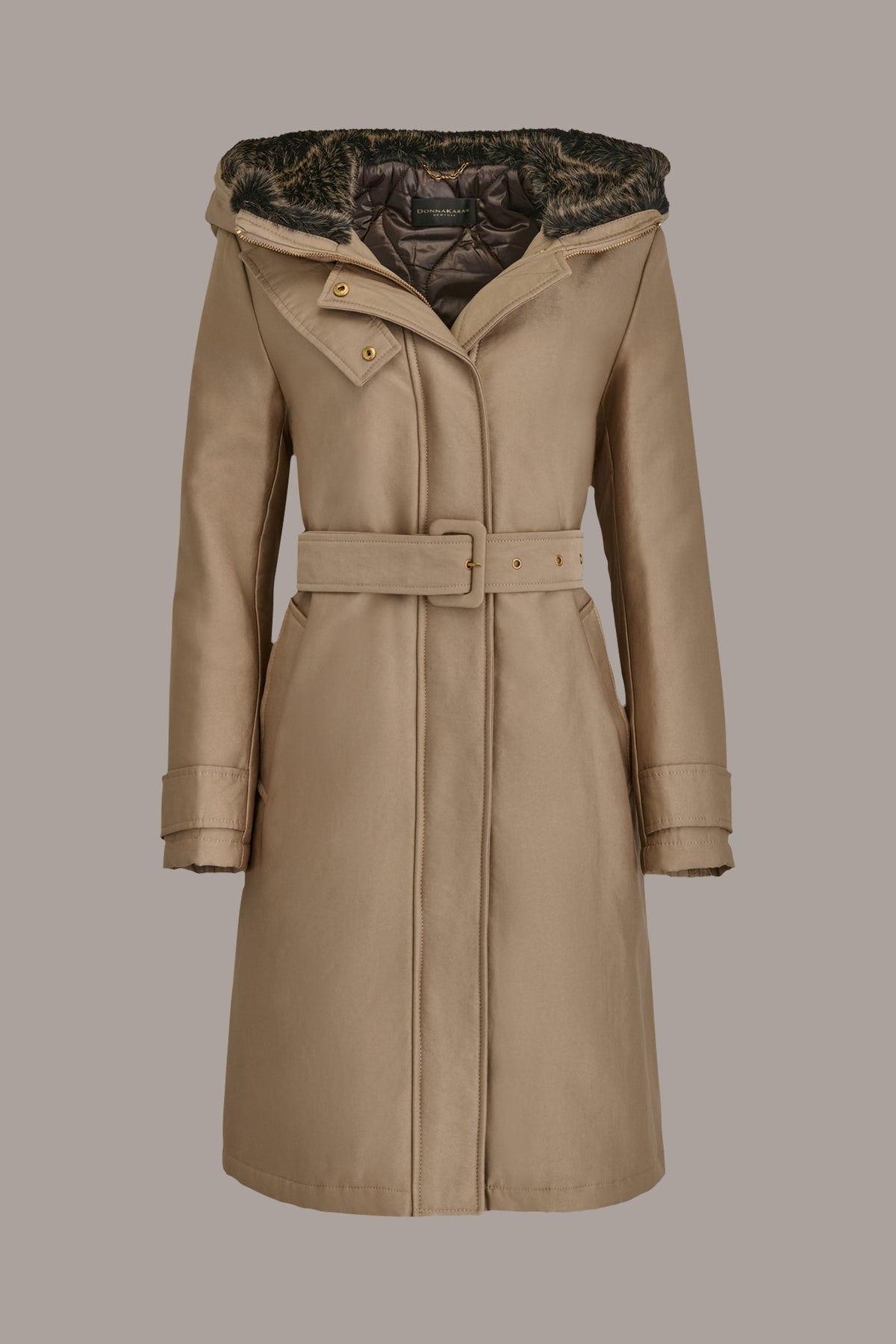 Donna Karan FAUX FUR TRIM LINED RAIN COAT