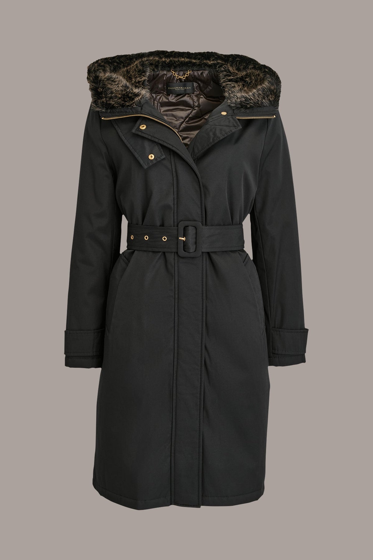 Donna Karan FAUX FUR TRIM LINED RAIN COAT