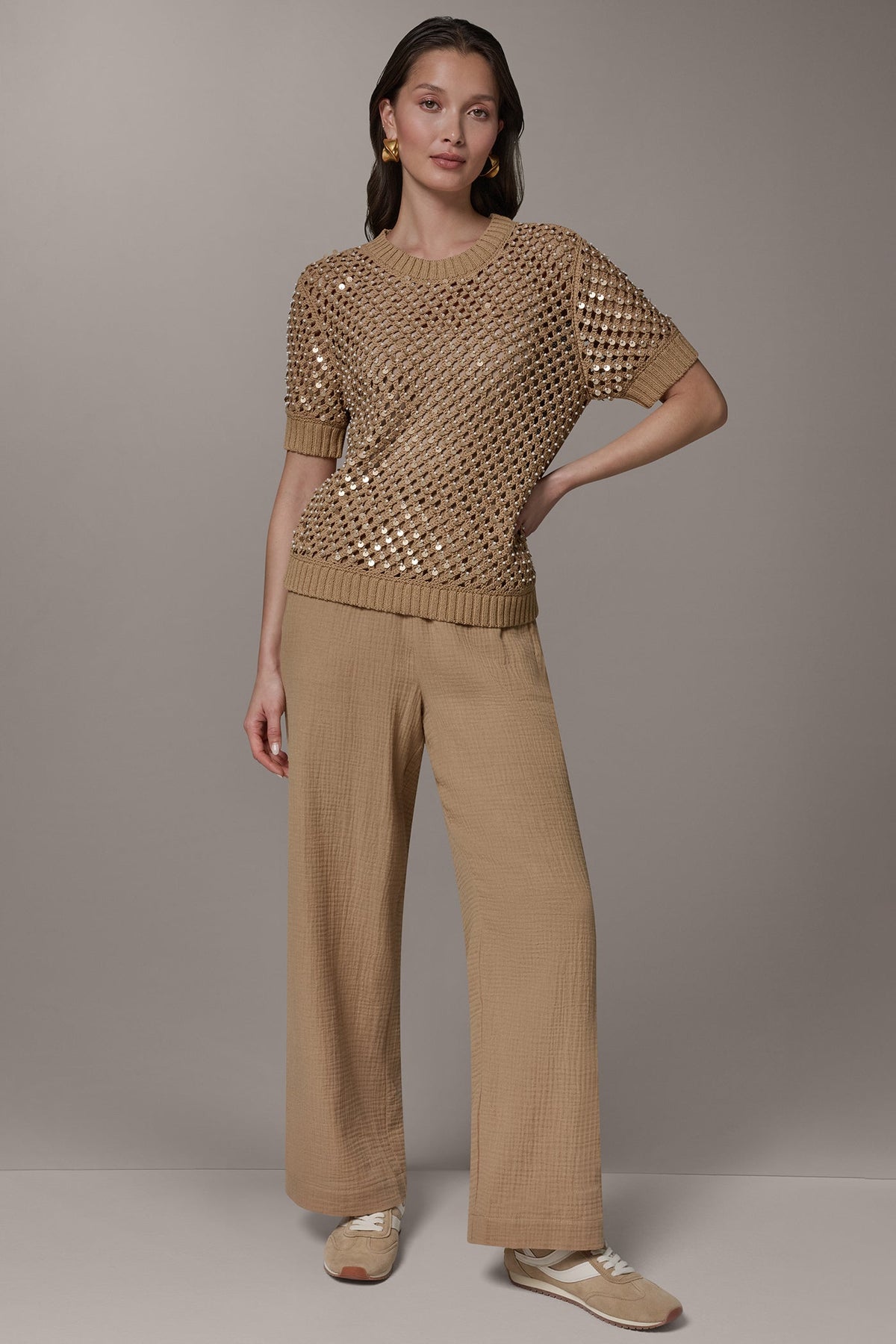 Donna Karan SHORT SLEEVE PEARL SEQUIN SWEATER