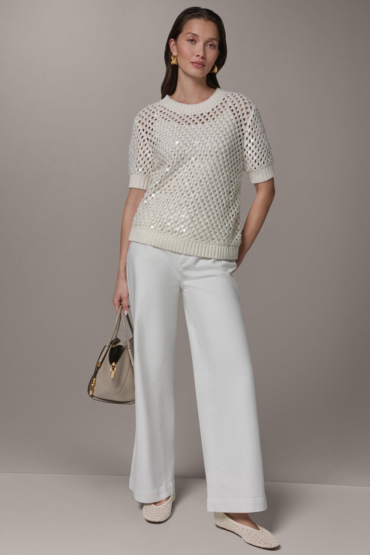 Donna Karan SHORT SLEEVE PEARL SEQUIN SWEATER