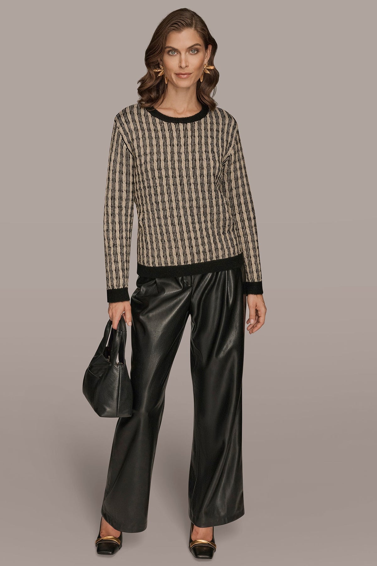 Donna Karan METALLIC TWO-TONE CABLE-KNIT SWEATER