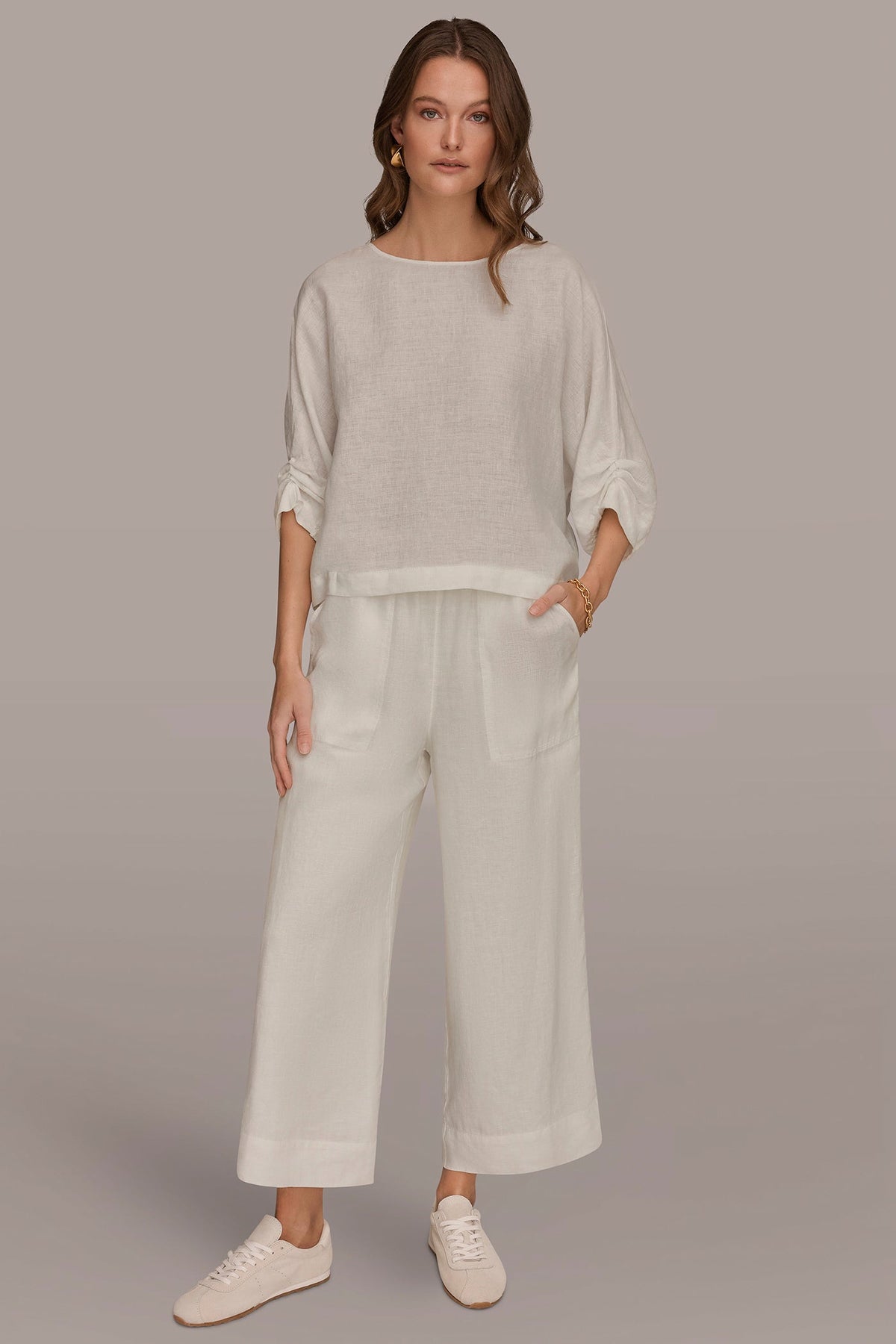 Donna Karan LINEN TWIST CUFF SLEEVE BLOUSE