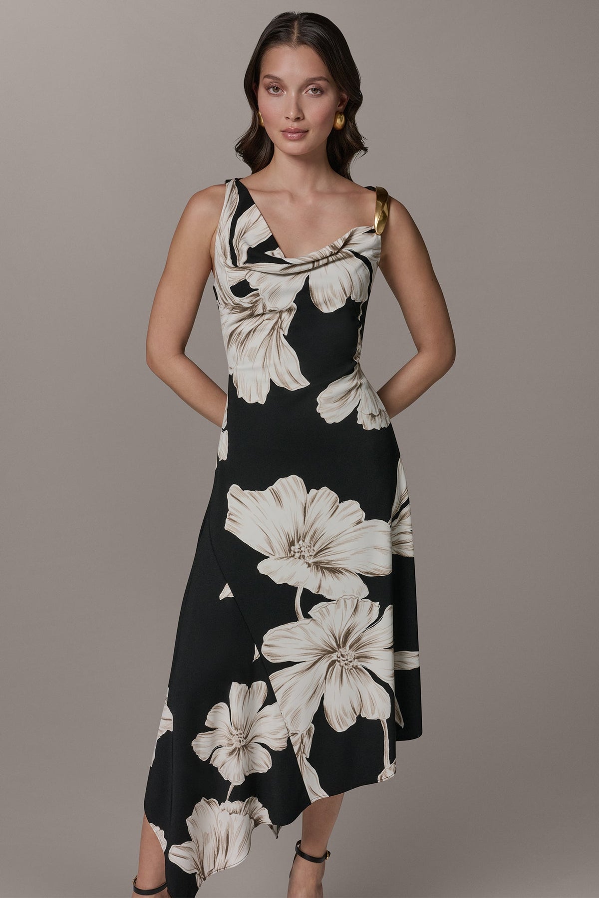 Donna Karan SLEEVELESS COWL-NECK ASYMMETRIC FLORAL MIDI DRESS