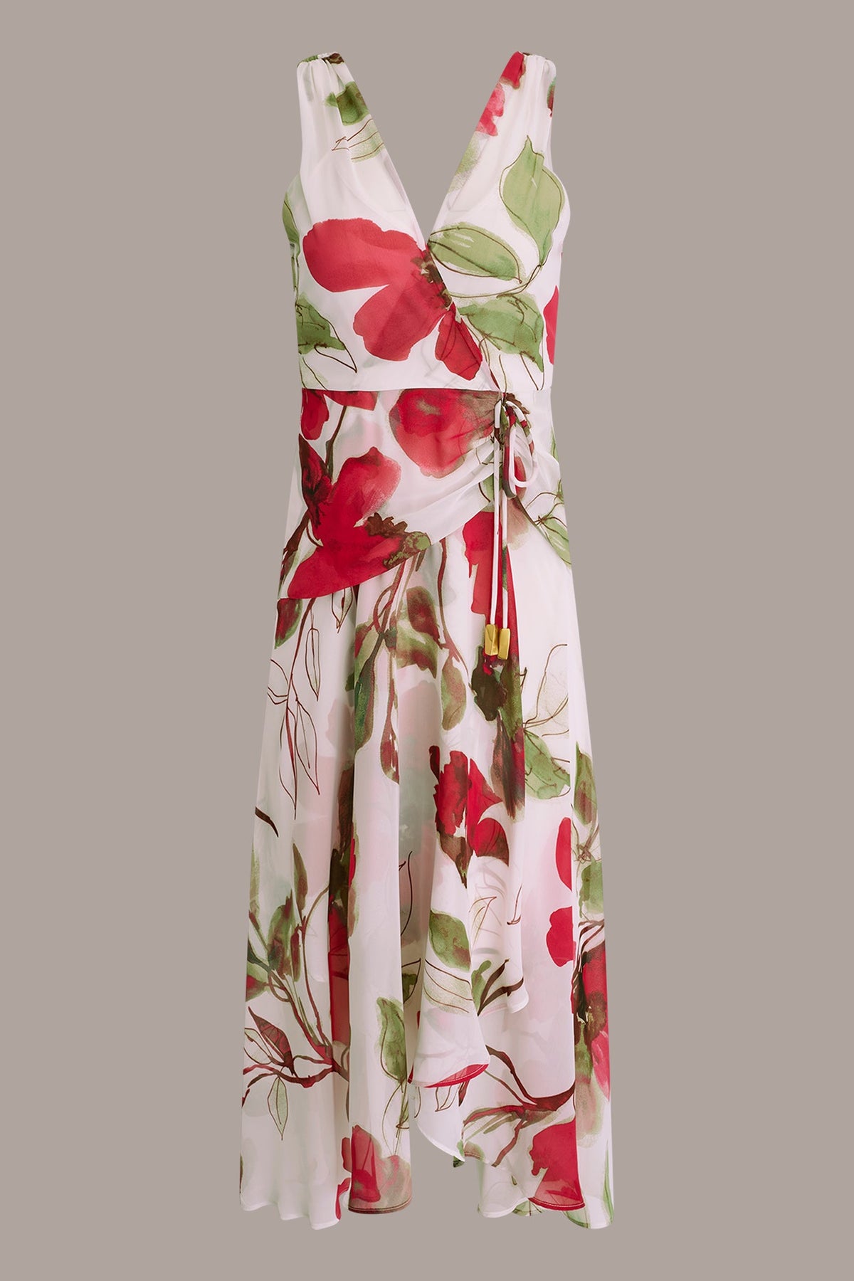 Donna Karan CHIFFON FLORAL WRAP MIDI A-LINE DRESS