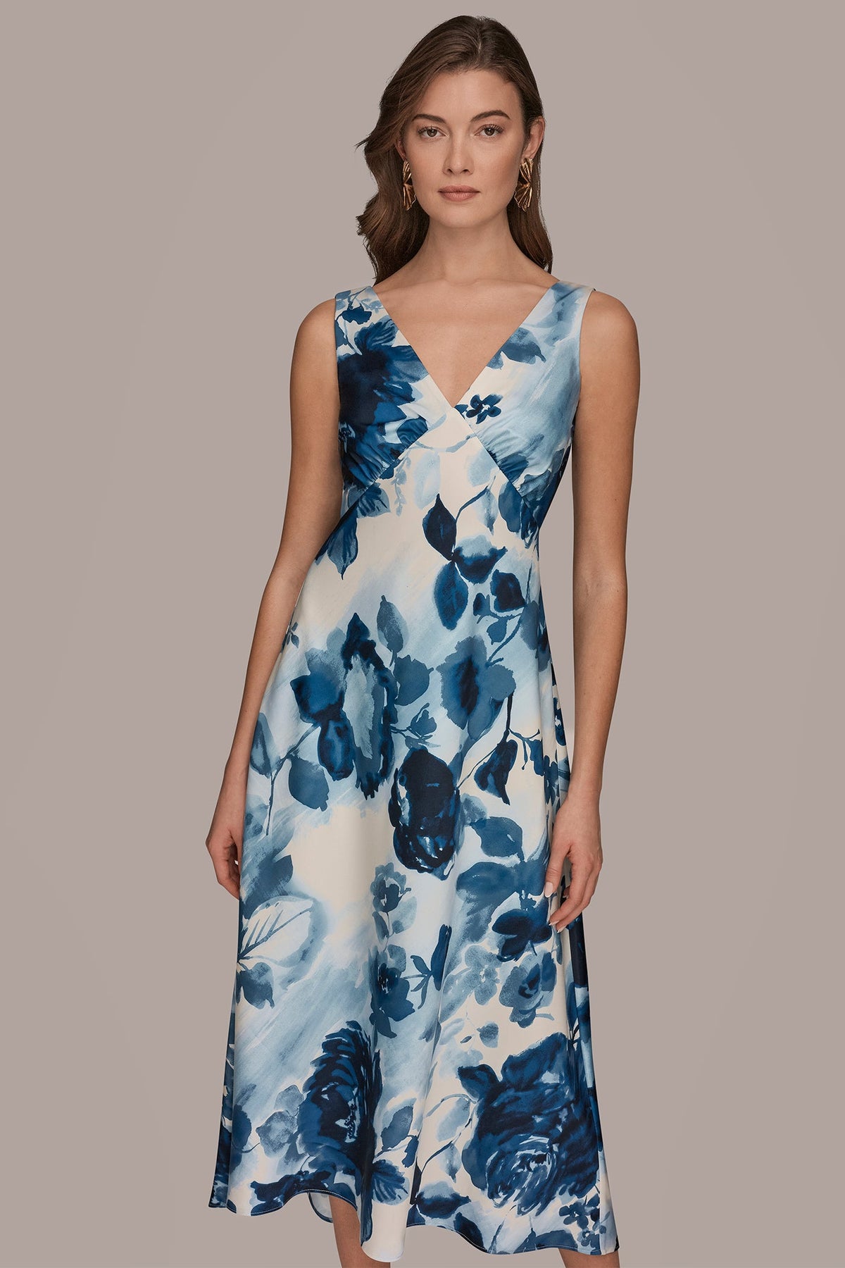 Donna Karan SATIN SLEEVELESS FLORAL MIDI A-LINE DRESS