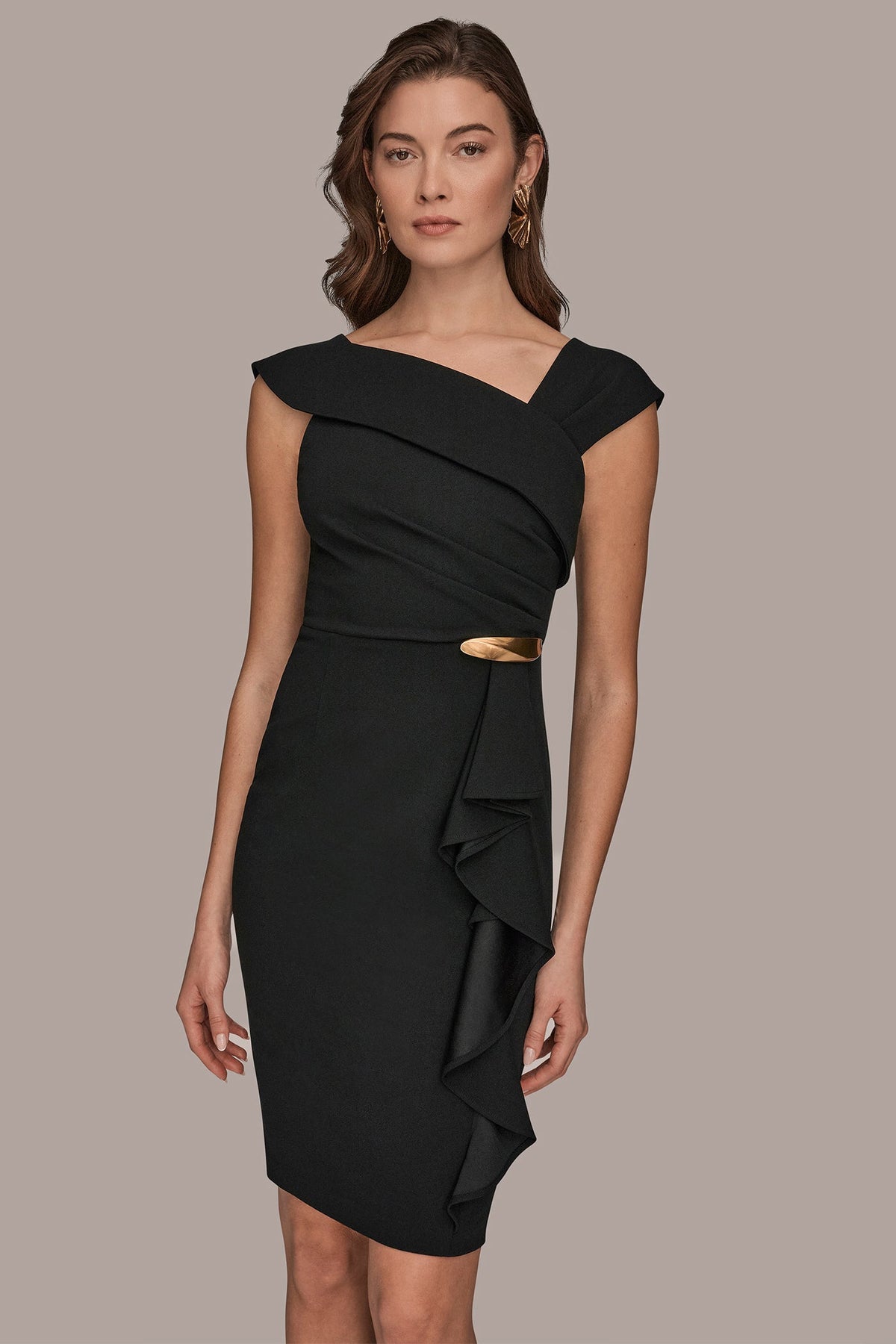 Donna Karan SHORT SLEEVE ASYMMETRIC RUFFLE SHEATH DRESS