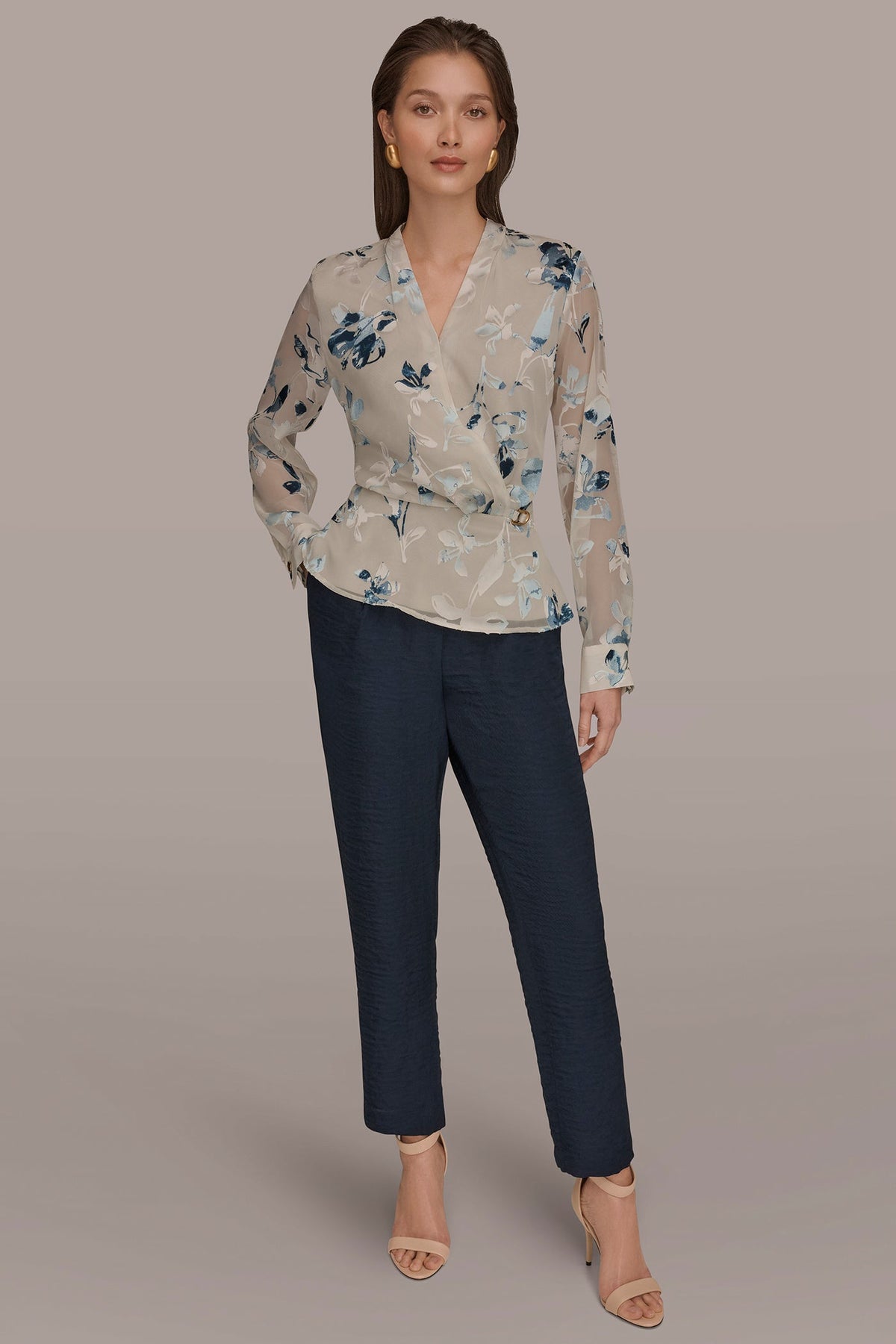Donna Karan LONG SLEEVE BURNOUT FOIL WRAP BLOUSE