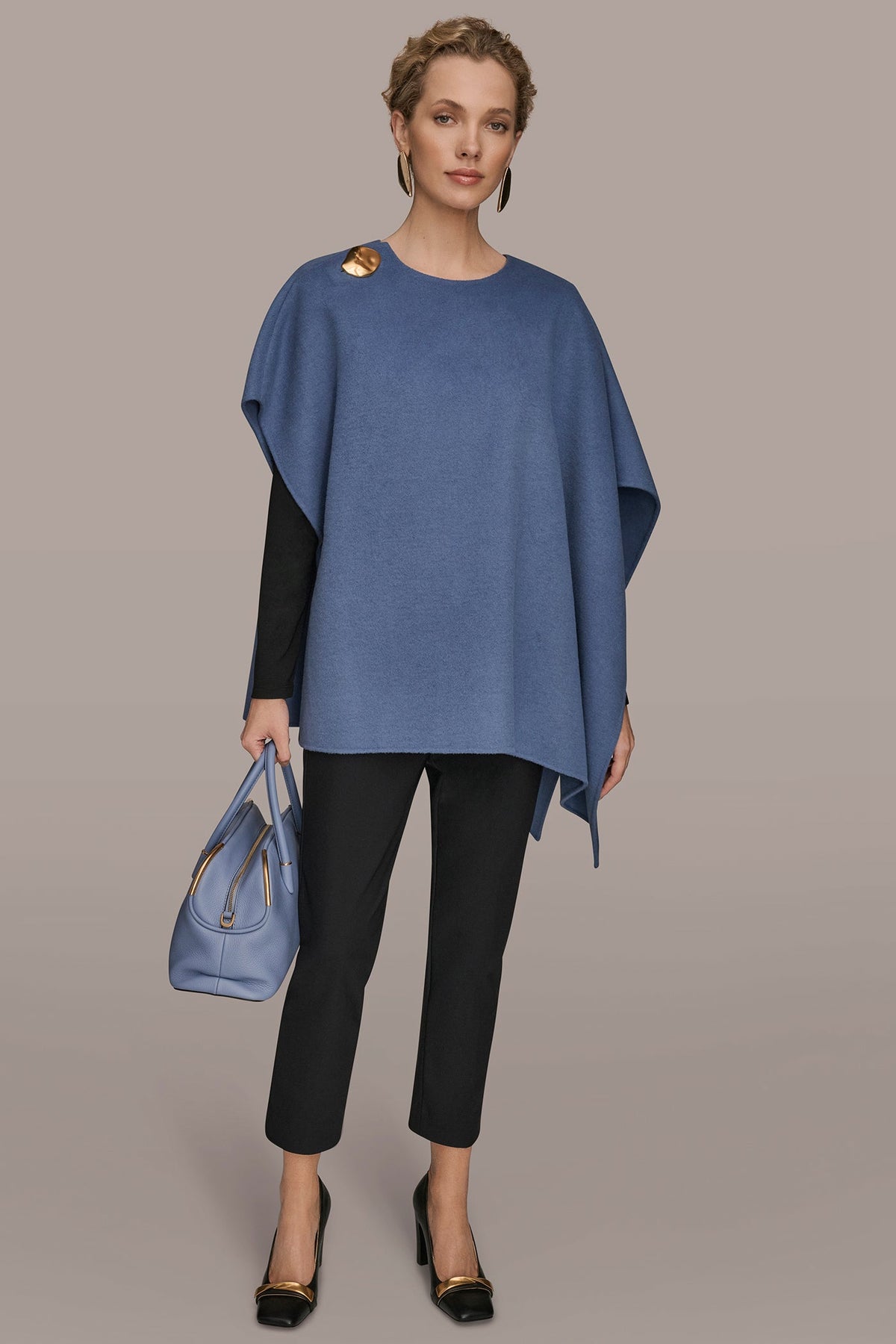 Donna Karan BUTTON-EMBELLISHED WOOL-BLEND CAPE