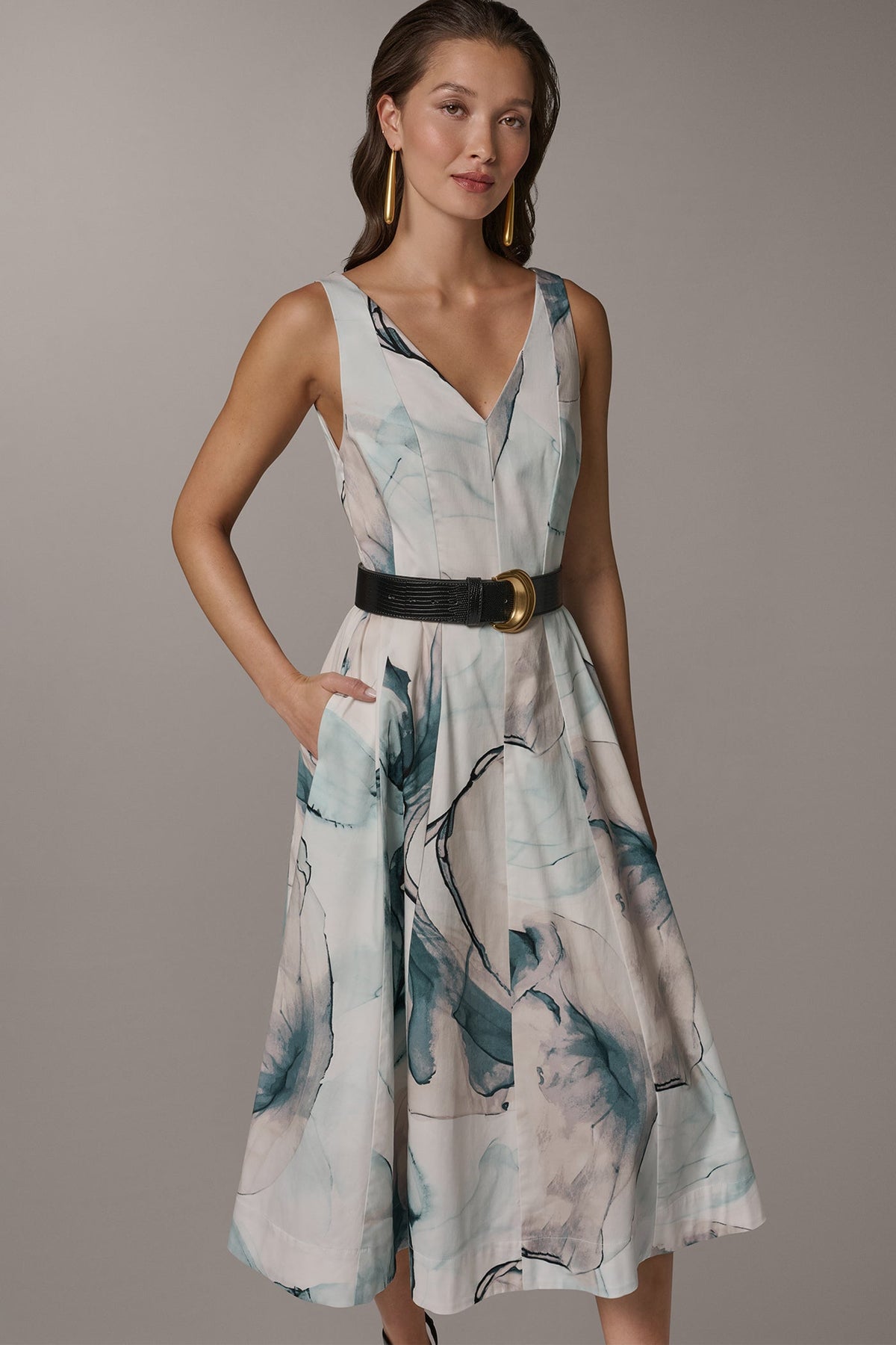 Donna Karan STRETCH-COTTON PRINTED MIDI FIT AND FLARE DRESS