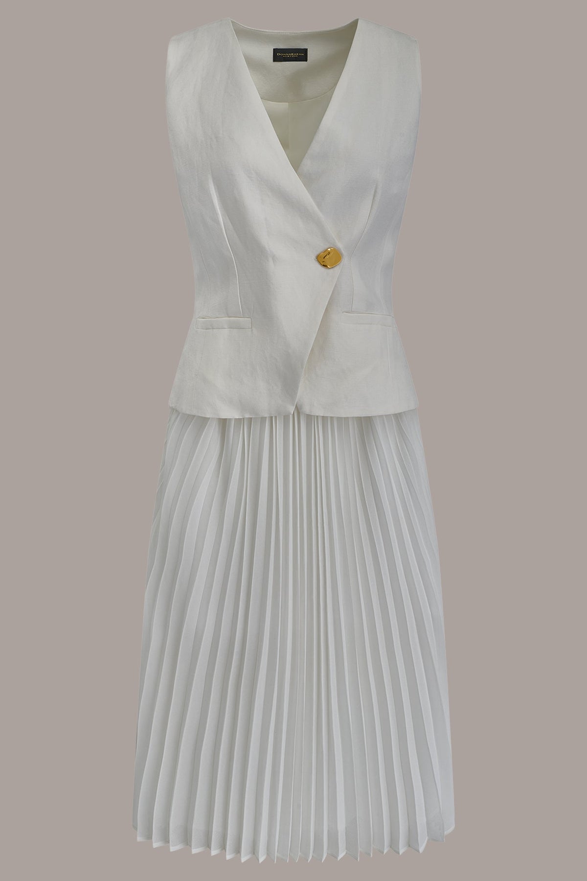 Donna Karan LINEN-BLEND MIXED MEDIA MIDI FIT AND FLARE DRESS