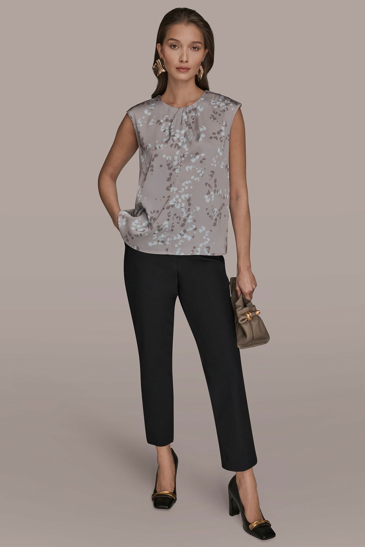 Donna Karan FLORAL CAP SLEEVE TWIST BLOUSE