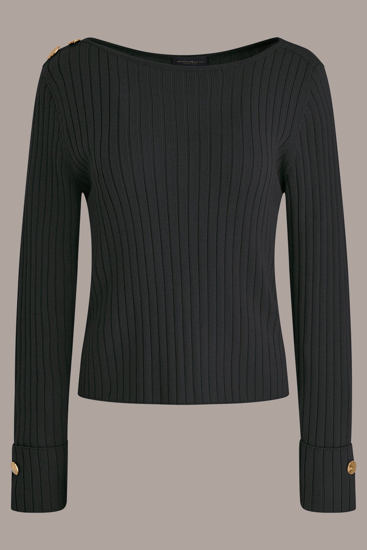 Donna Karan LONG SLEEVE BOATNECK RIBBED BUTTON SWEATER
