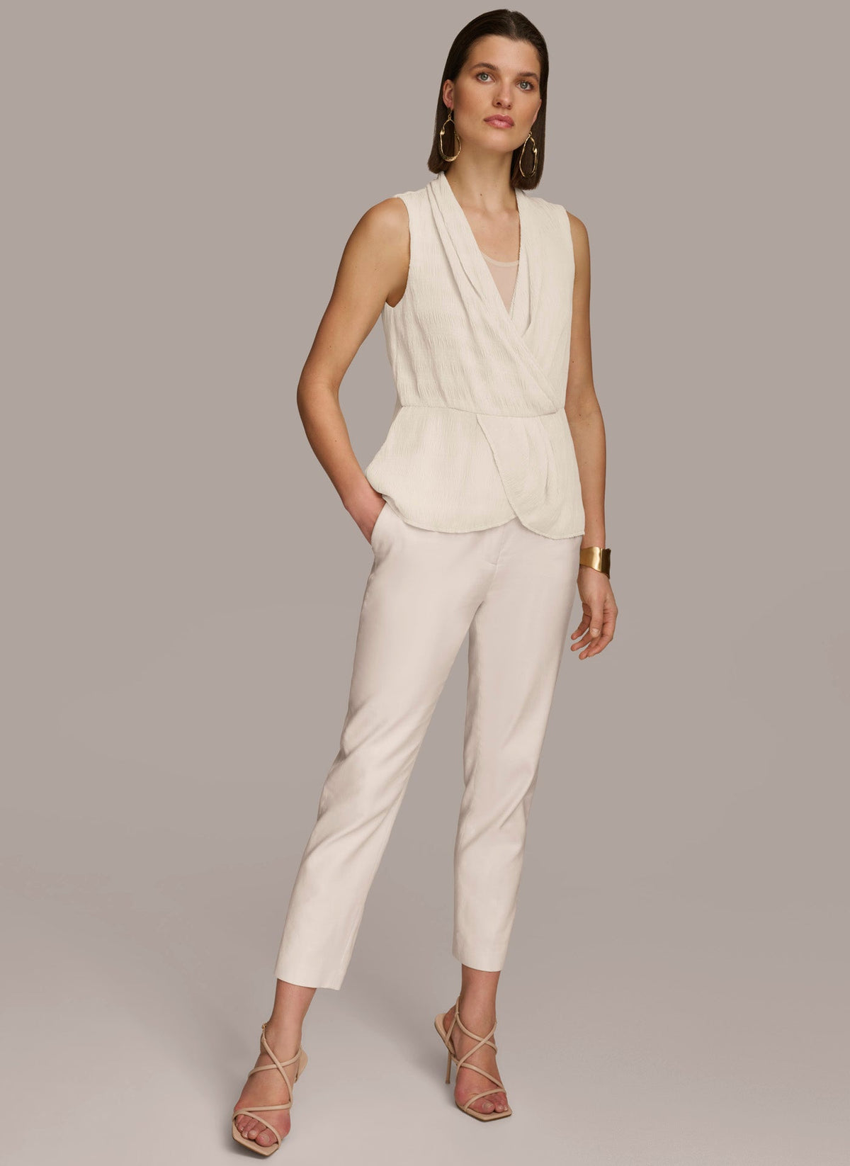Donna Karan FAUX WRAP PEPLUM TOP
