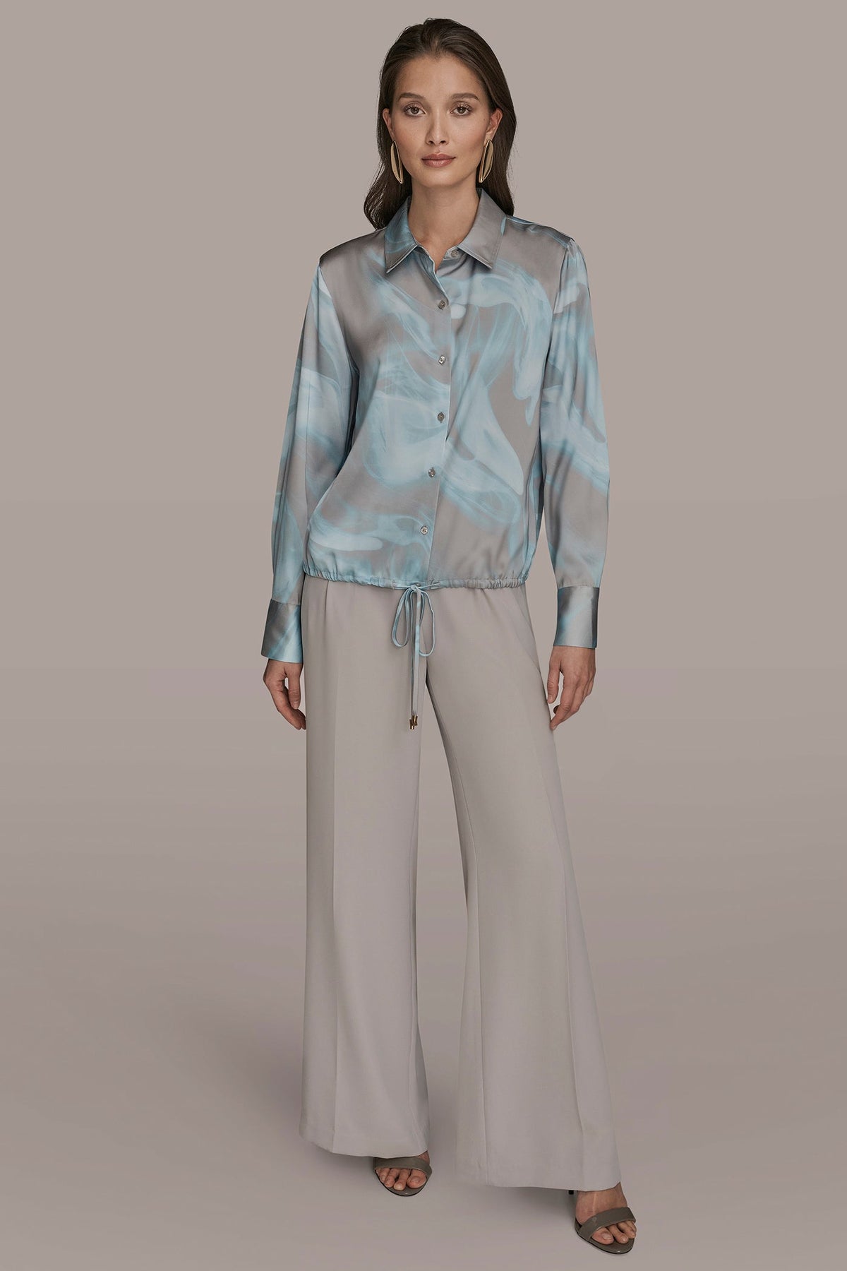 Donna Karan LONG-SLEEVE PRINTED DRAWSTRING BLOUSE