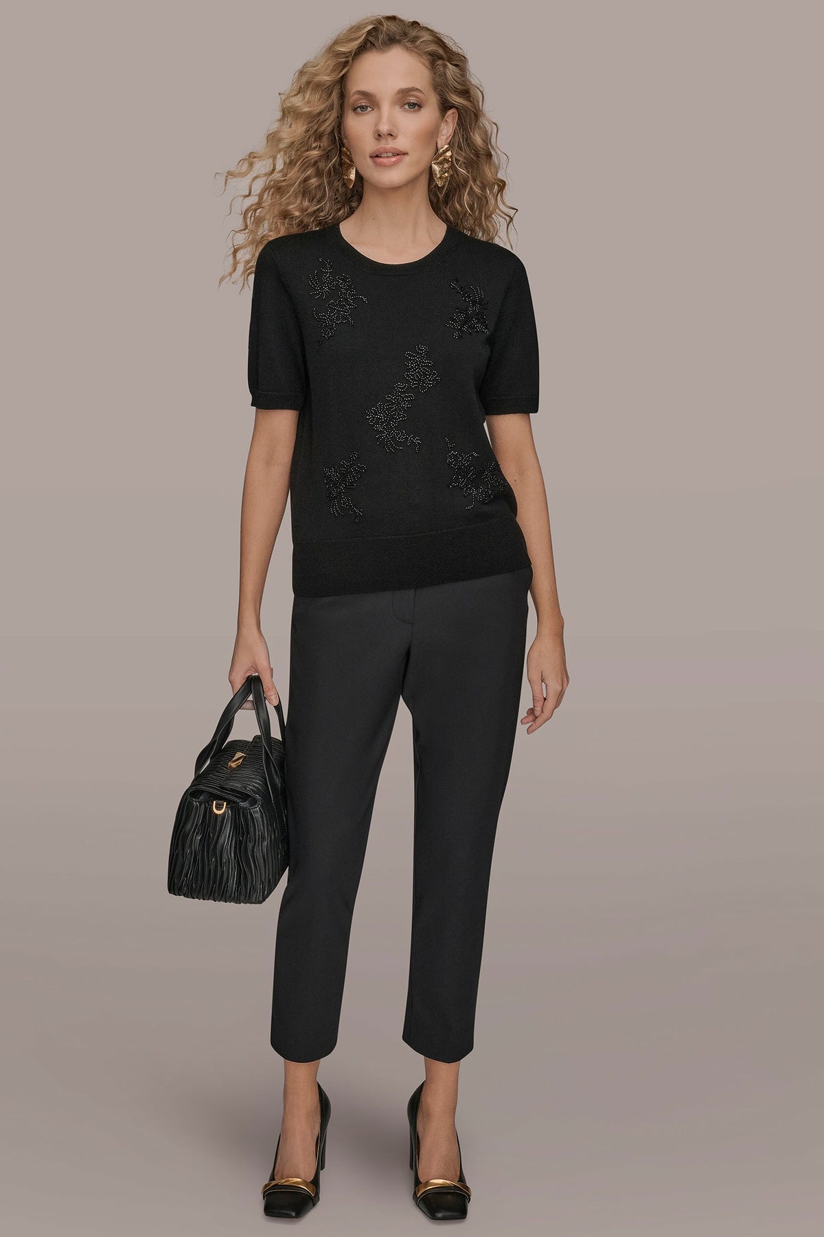 Donna Karan SHORT-SLEEVE FLORAL WOOL SWEATER