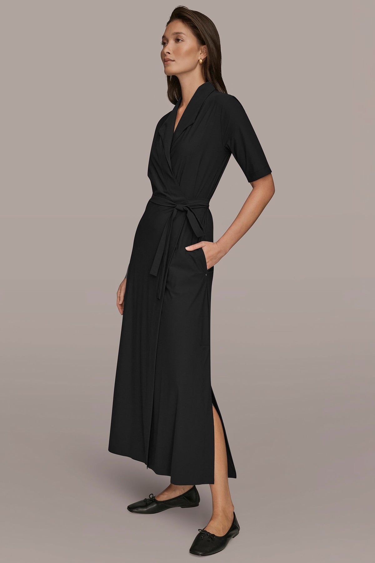 Donna Karan THE MODERN TRAVEL ELBOW-SLEEVE MIDI WRAP DRESS
