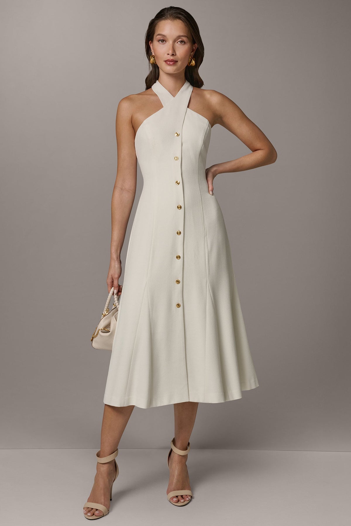 Donna Karan SLEEVELESS CROSS-FRONT MIDI HALTER DRESS
