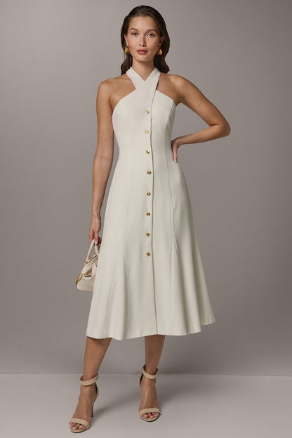 Donna Karan SLEEVELESS CROSS-FRONT MIDI HALTER DRESS