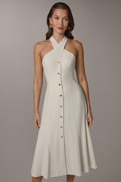 Donna Karan SLEEVELESS CROSS-FRONT MIDI HALTER DRESS