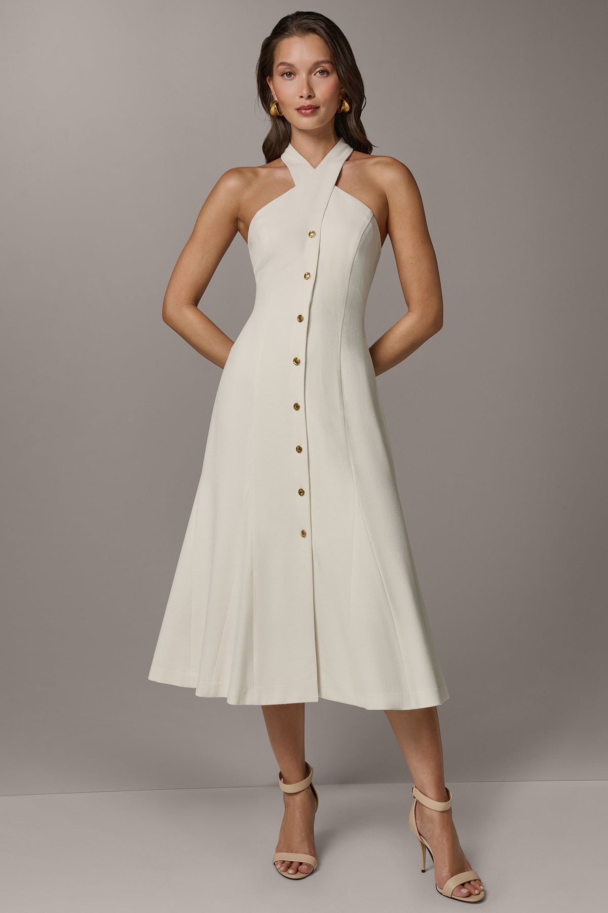 Donna Karan SLEEVELESS CROSS-FRONT MIDI HALTER DRESS