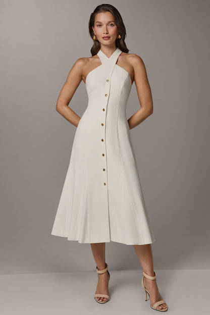 Donna Karan SLEEVELESS CROSS-FRONT MIDI HALTER DRESS