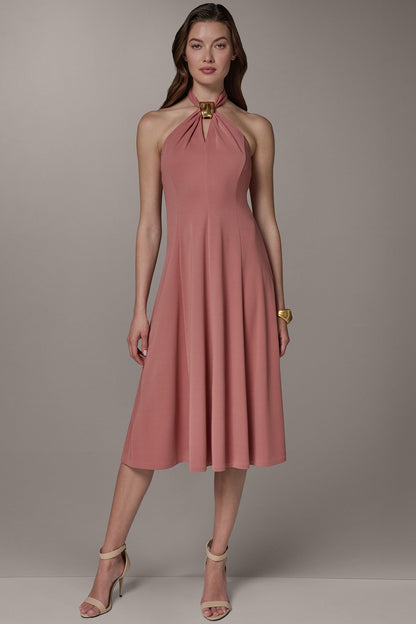 Donna Karan SLEEVELESS MIDI A-LINE HALTER DRESS