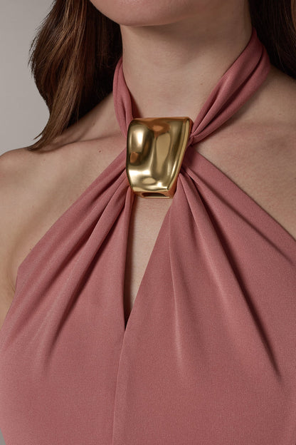 Donna Karan SLEEVELESS MIDI A-LINE HALTER DRESS