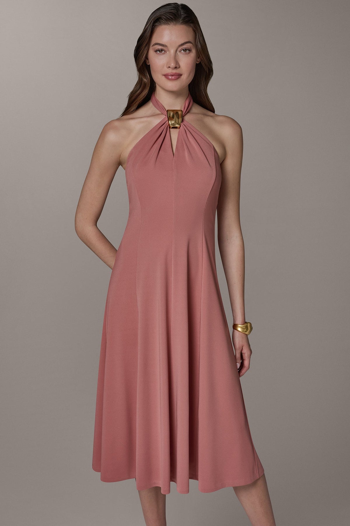 Donna Karan SLEEVELESS MIDI A-LINE HALTER DRESS