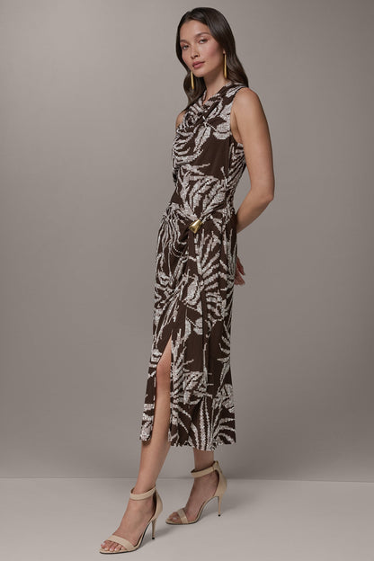 Donna Karan FLORAL SLEEVELESS COWL NECK MIDI DRESS