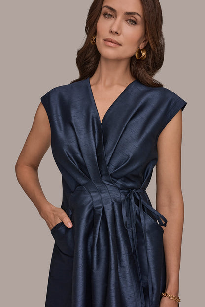 Donna Karan SLEEVELESS PLEATED MIDI WRAP DRESS