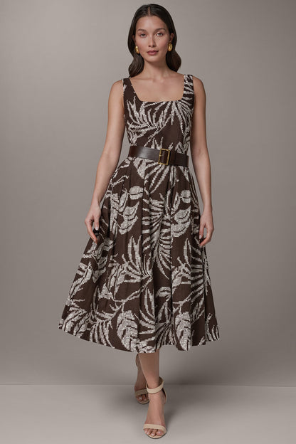 Donna Karan SLEEVELESS SQUARE NECK PRINTED BELTED MIDI FIT AND FLARE DRESS