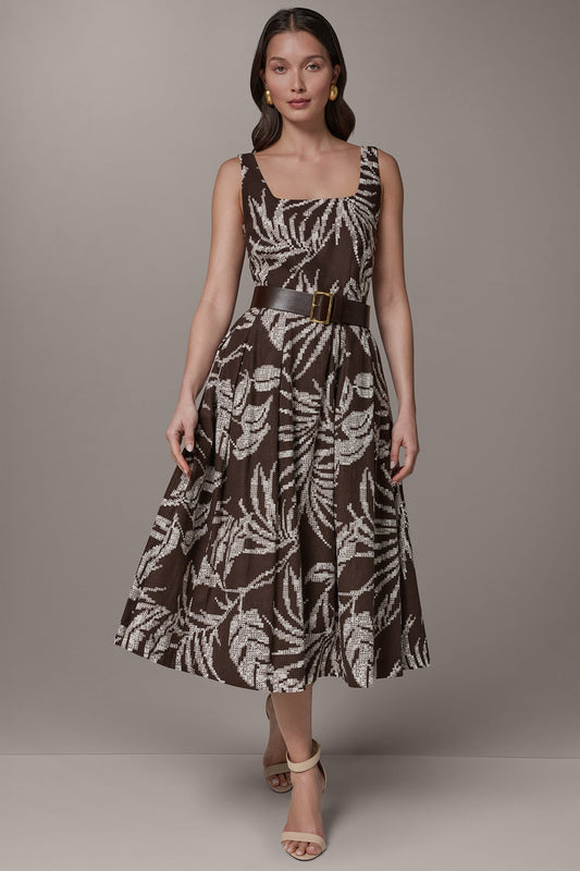 Donna Karan SLEEVELESS SQUARE NECK PRINTED BELTED MIDI FIT AND FLARE DRESS