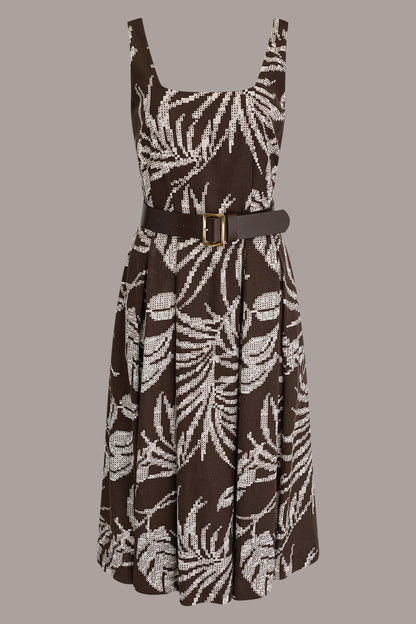 Donna Karan SLEEVELESS SQUARE NECK PRINTED BELTED MIDI FIT AND FLARE DRESS