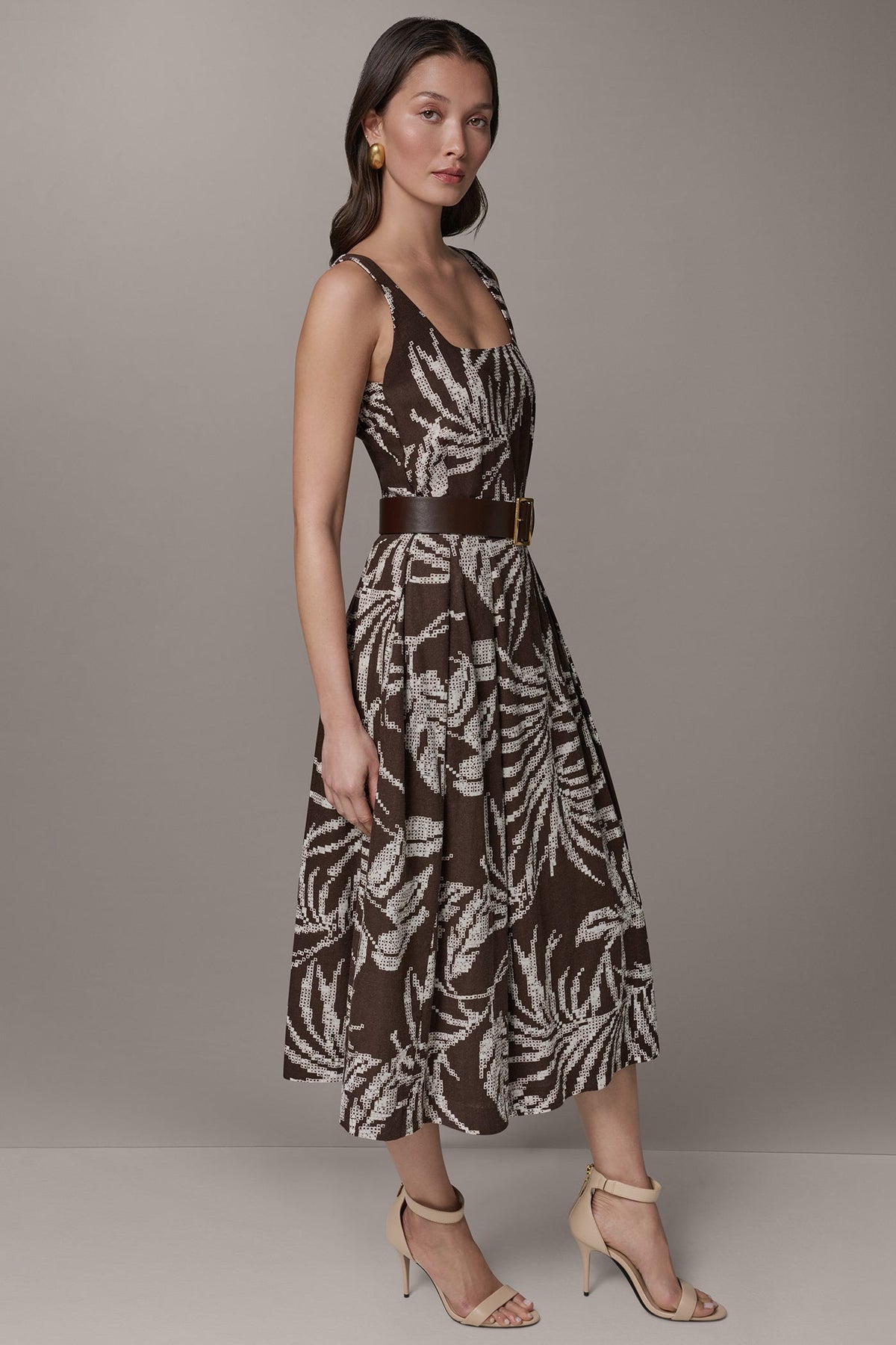 Donna Karan SLEEVELESS SQUARE NECK PRINTED BELTED MIDI FIT AND FLARE DRESS