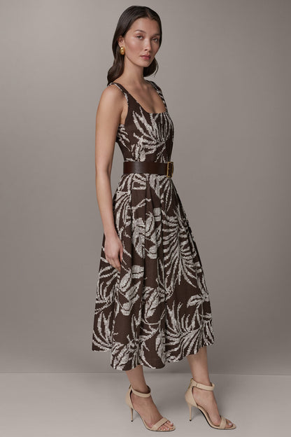 Donna Karan SLEEVELESS SQUARE NECK PRINTED BELTED MIDI FIT AND FLARE DRESS