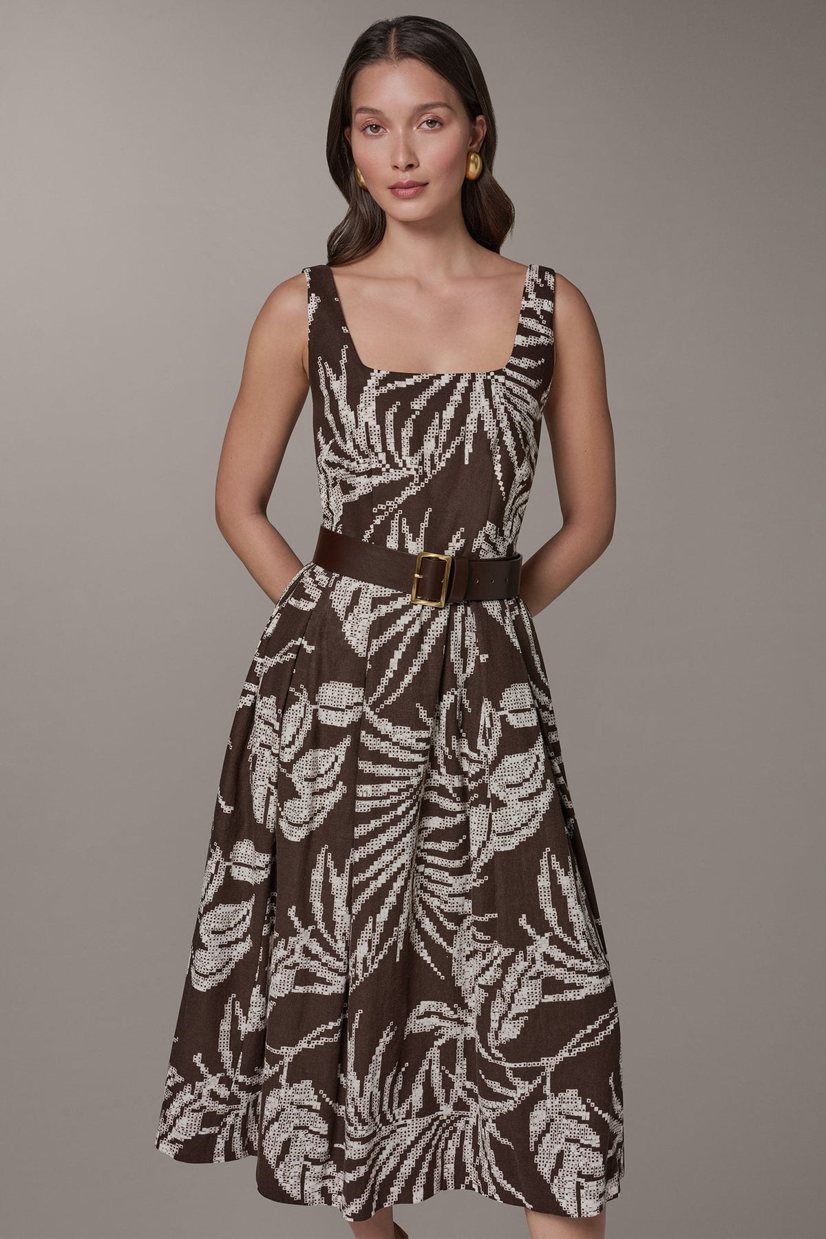 Donna Karan SLEEVELESS SQUARE NECK PRINTED BELTED MIDI FIT AND FLARE DRESS