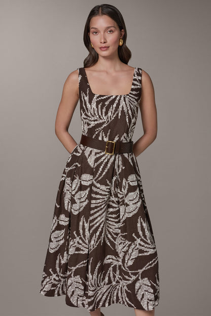 Donna Karan SLEEVELESS SQUARE NECK PRINTED BELTED MIDI FIT AND FLARE DRESS