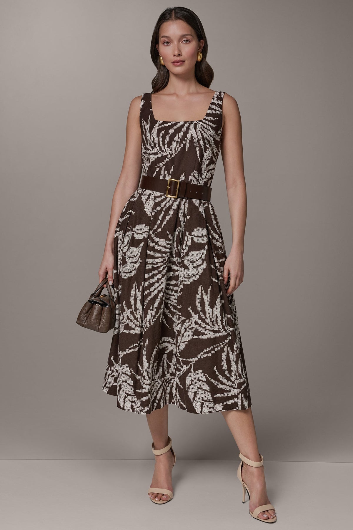 Donna Karan SLEEVELESS SQUARE NECK PRINTED BELTED MIDI FIT AND FLARE DRESS