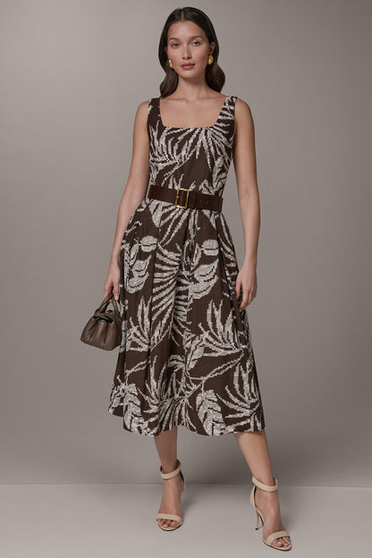 Donna Karan SLEEVELESS SQUARE NECK PRINTED BELTED MIDI FIT AND FLARE DRESS