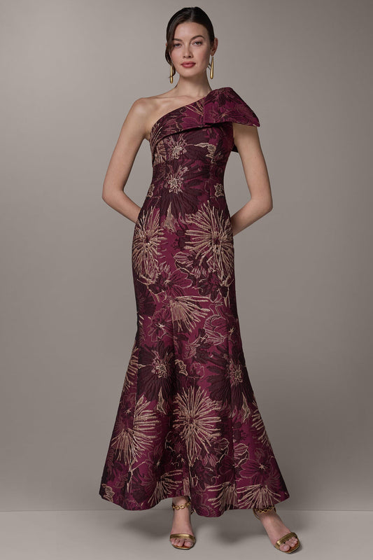Donna Karan ONE SHOULDER FLORAL TRUMPET GOWN