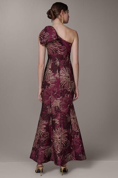 Donna Karan ONE SHOULDER FLORAL TRUMPET GOWN