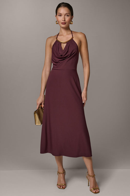 Donna Karan SLEEVELESS COWL NECK MIDI HALTER DRESS