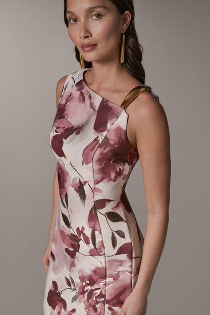 Donna Karan SLEEVELESS ASYMMETRIC FLORAL MIDI SHEATH DRESS