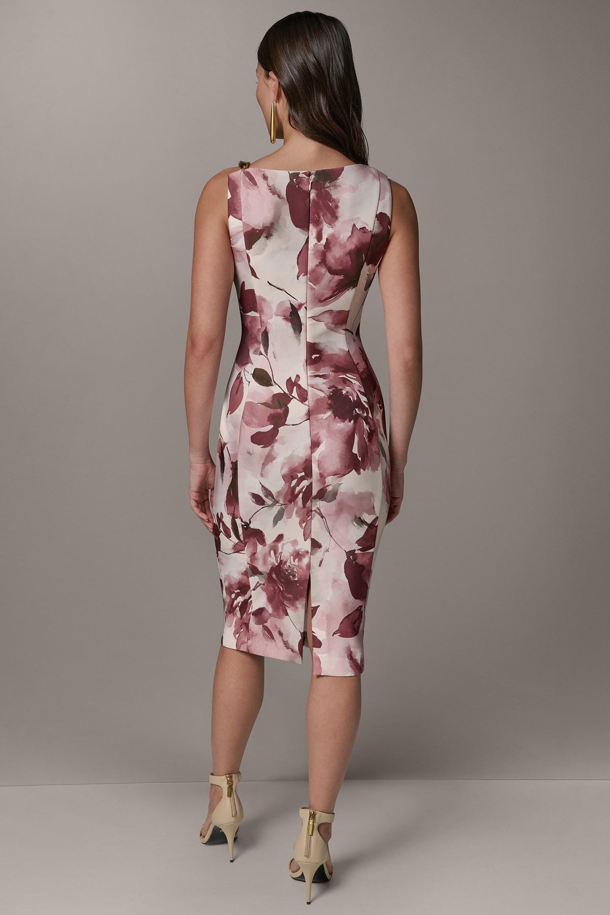 Donna Karan SLEEVELESS ASYMMETRIC FLORAL MIDI SHEATH DRESS