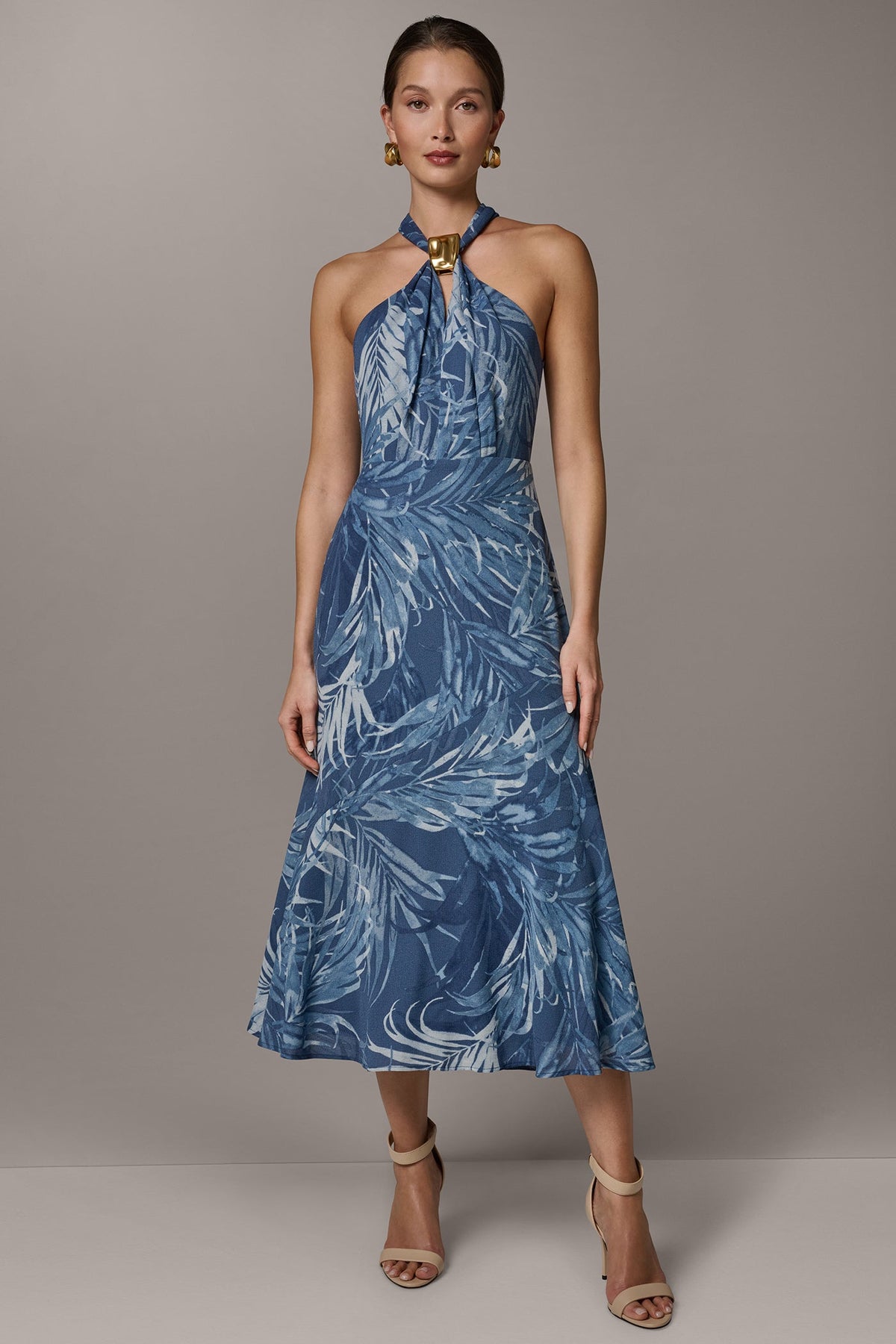 Donna Karan SLEEVELESS PRINT MIDI HALTER DRESS