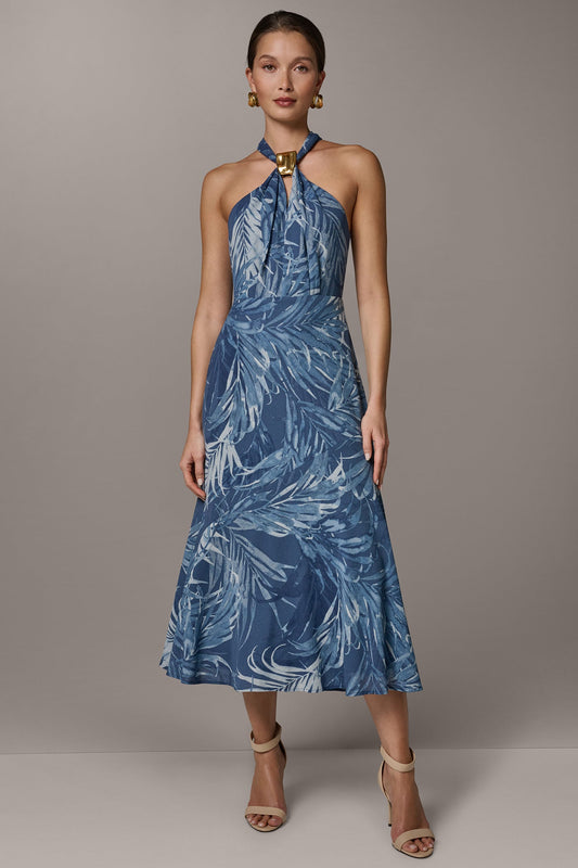 Donna Karan SLEEVELESS PRINT MIDI HALTER DRESS