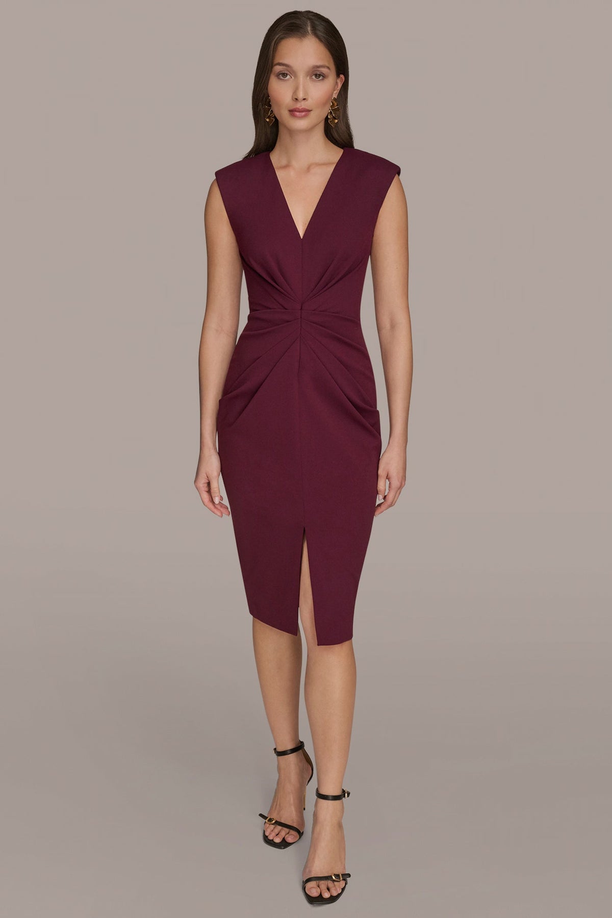 Donna Karan SLEEVELESS SPLIT-FRONT MIDI SHEATH DRESS